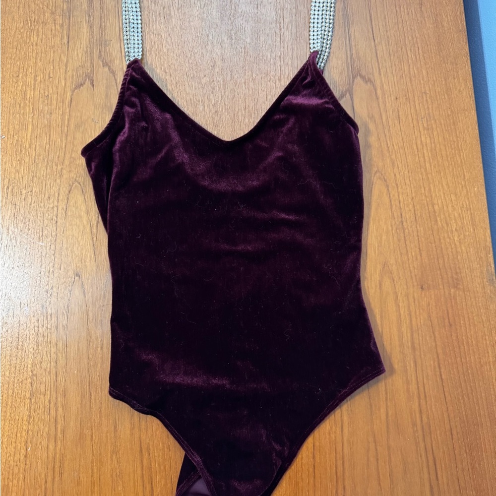 Velvet Bodysuit with Rhinestone Straps size xs